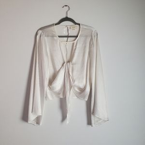Reset Satin Bell Sleeve Blouse Womens S White Tie Front Boho